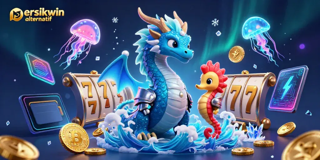 Ilustrasi casino digital memukau dengan "persikwin alternatif" dan karakter unik yang mengelilingi slot reels dan koin emas.