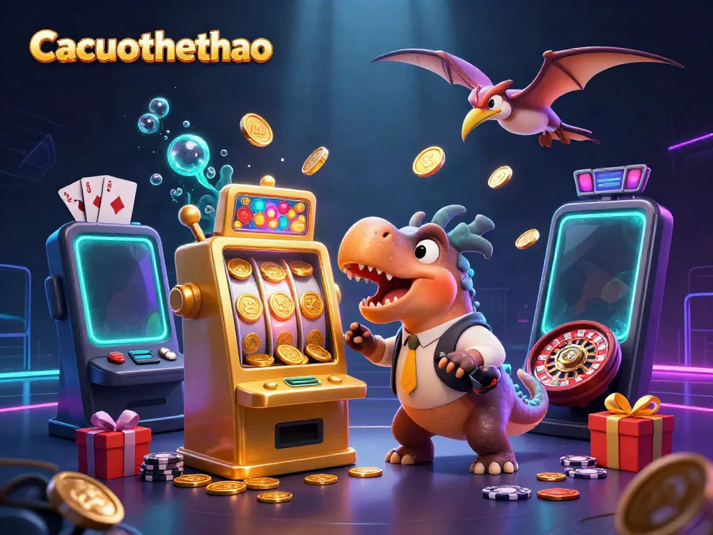 Cacuocthethao showcases a 3D cartoon scene with a dinosaur winning a jackpot while a casino manager watches, emphasizing excitement!