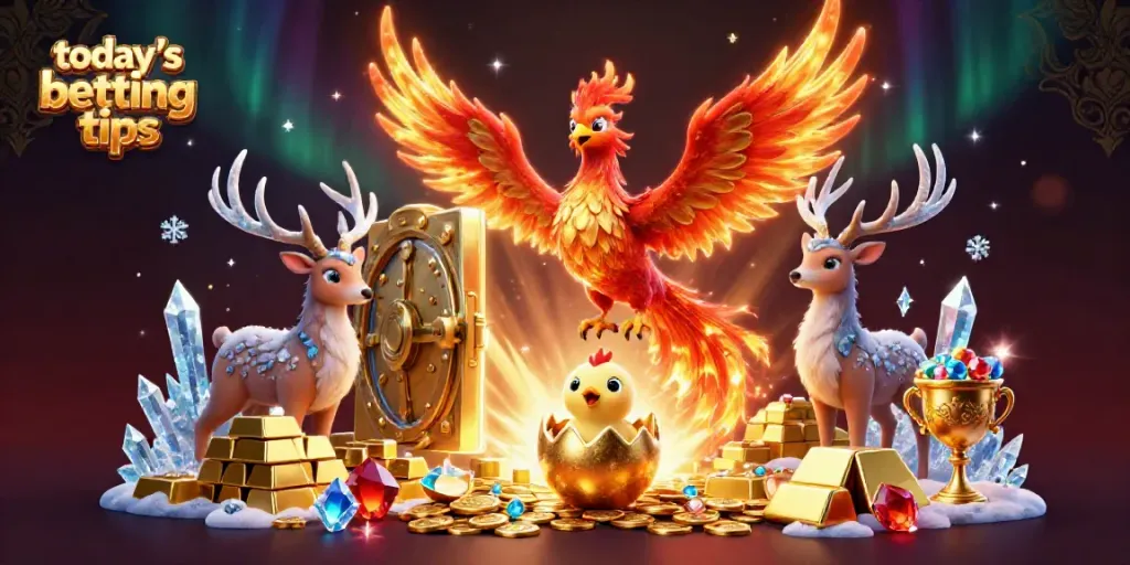 Engaging 3D illustration of today's betting tips showcasing a phoenix, golden treasures, and shimmering gems.