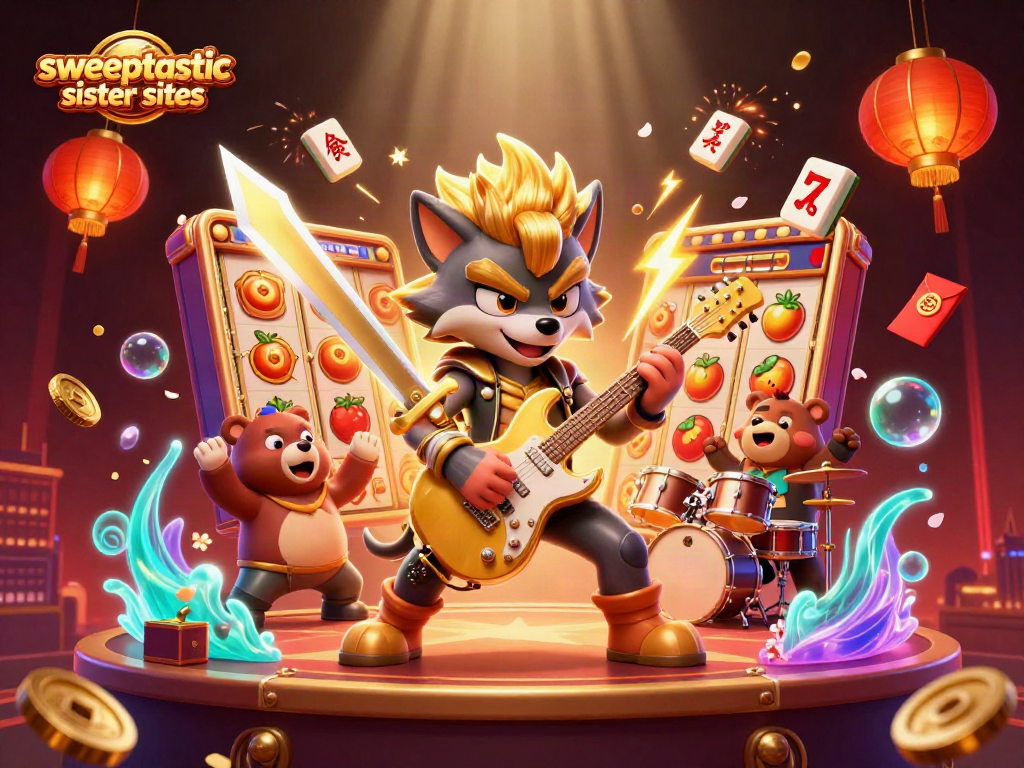 Sweeptastic sister sites showcase a dynamic casino scene with a rock star wolf and drummer bear surrounded by vibrant game elements.