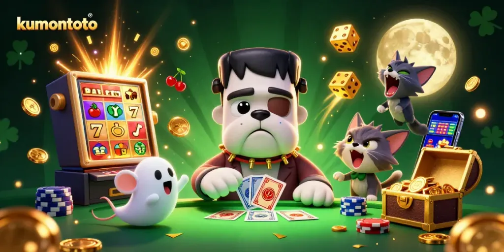 Kumontoto's spooky casino scene featuring a Frankenstein bulldog dealing cards amidst jackpot excitement and ghostly imagery.