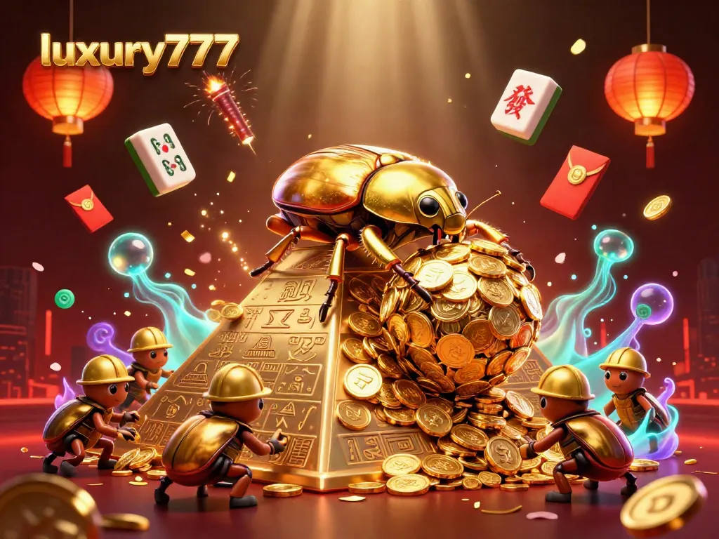 Experience thrilling gameplay with luxury777, a golden dung beetle and dynamic casino symbols.