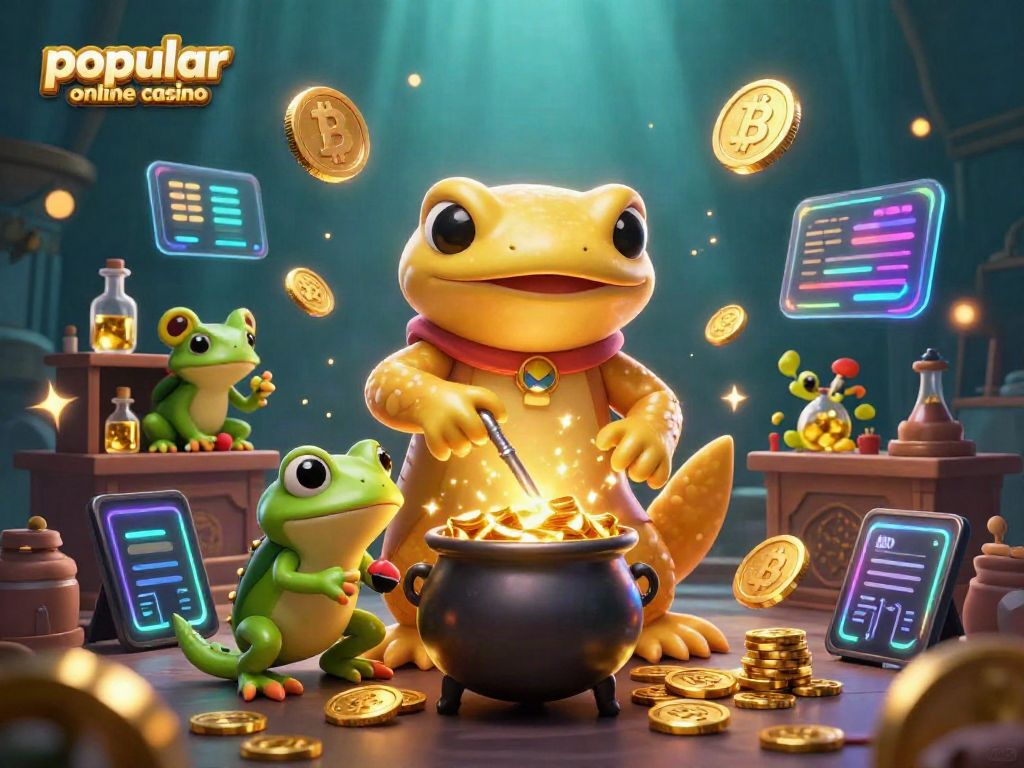 Engaging scene of a popular online casino, featuring characters creating gold coins amidst vibrant crypto elements.