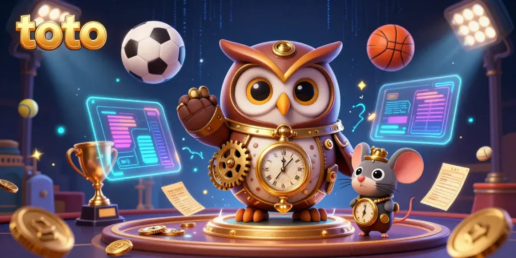 Bet on toto with a steampunk owl and mouse in a vibrant casino scene filled with sports elements.