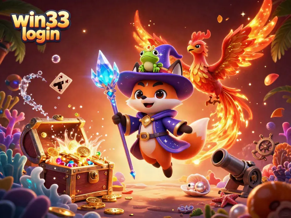 Experience seamless win33 login with fantasy elements and vibrant casino themes in a vibrant 3D illustration.