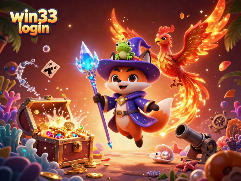 Experience seamless win33 login with fantasy elements and vibrant casino themes in a vibrant 3D illustration.