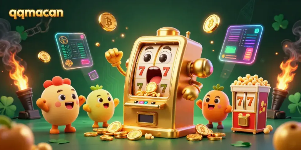 Experience excitement with qqmacan's jackpot celebration featuring golden slot machines and crypto elements