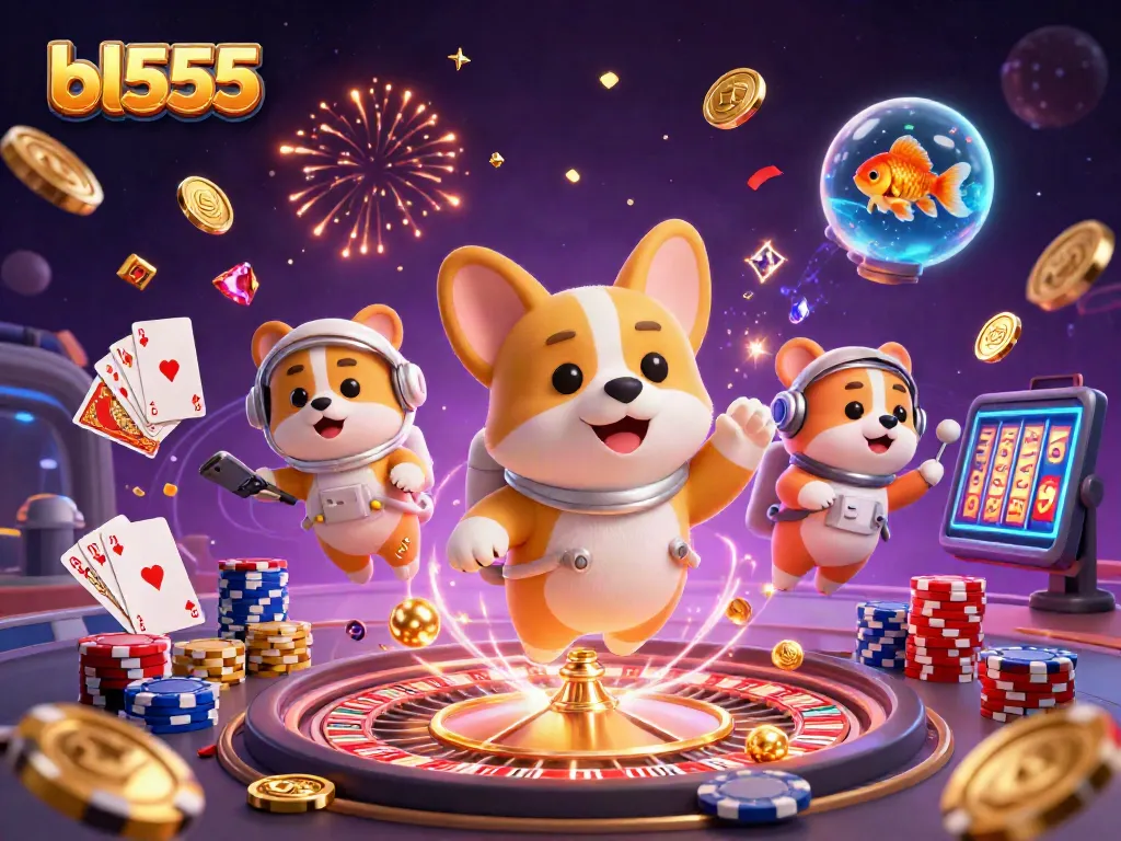 Experience fun at bl555 with a 3D cartoon space casino illustration showcasing vibrant characters and gaming elements.