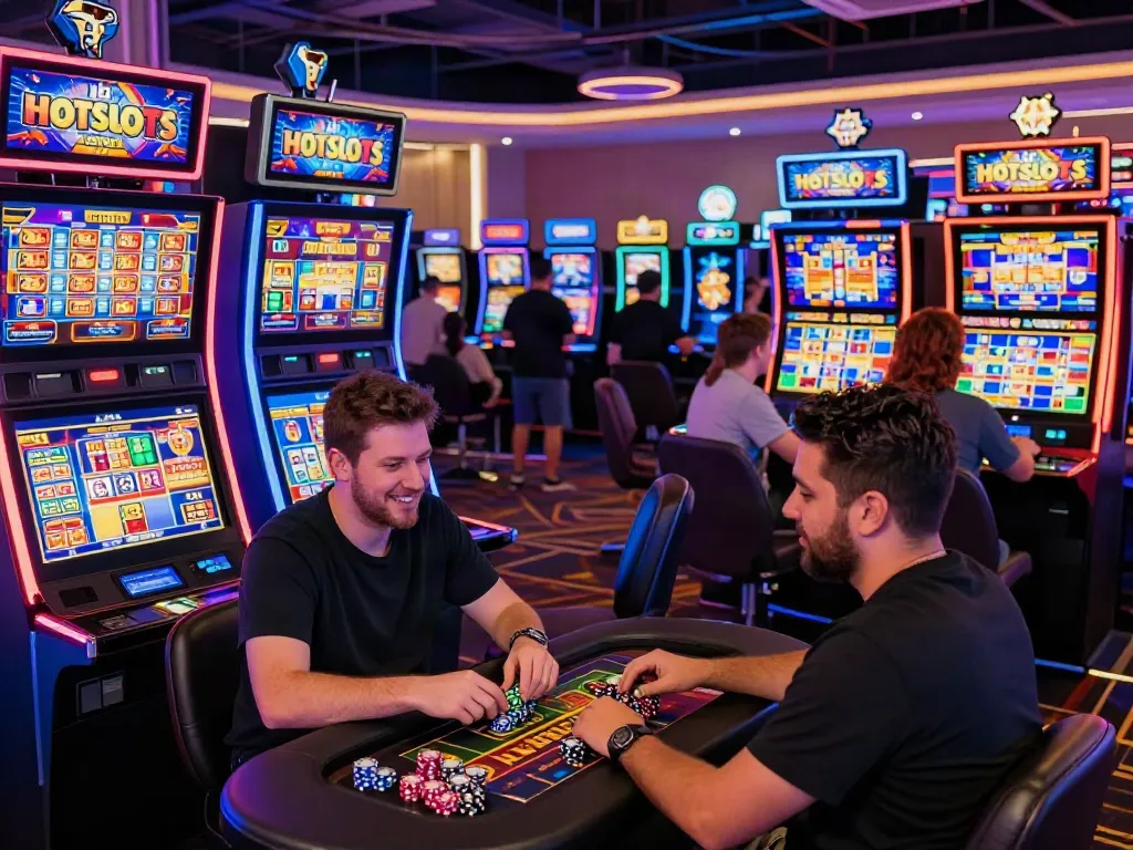 Erfreute Spieler im Hotslots Casino genießen Spielautomaten in lebendiger Atmosphäre.