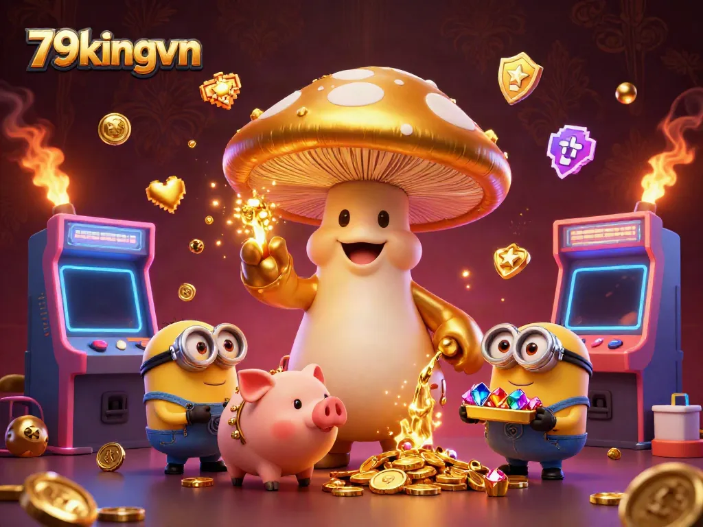 Win big at 79kingvn with the magical mushroom wizard amidst captivating casino elements.