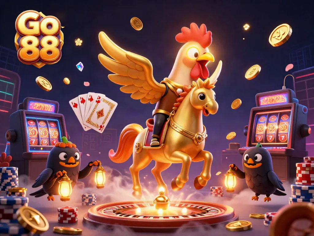 Experience the thrill with Go 88 in a vibrant casino scene featuring golden rooster characters and rich game elements.