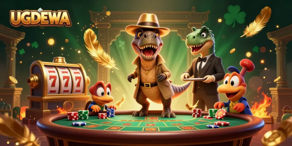 Experience thrilling gaming at UGDEWA with dynamic 3D characters in a vibrant casino scene.