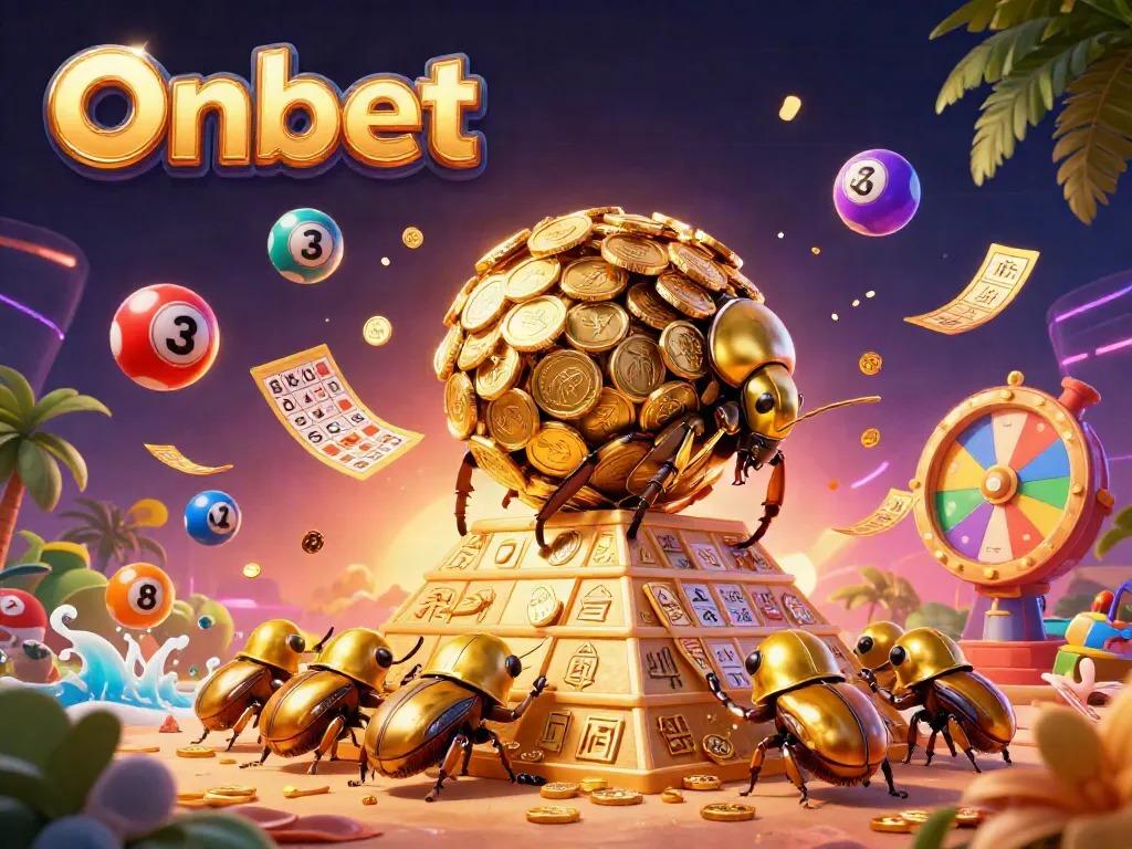 Experience thrilling gameplay at Onbet, featuring a golden beetle amid lottery elements and casino excitement.