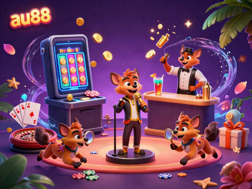 Experience the lively atmosphere at au88's comedy casino featuring hyenas, gaming elements, and vibrant decor.