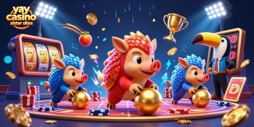 Engaging scene of yay casino sister sites with animated pangolins rolling jackpots and casino symbols.