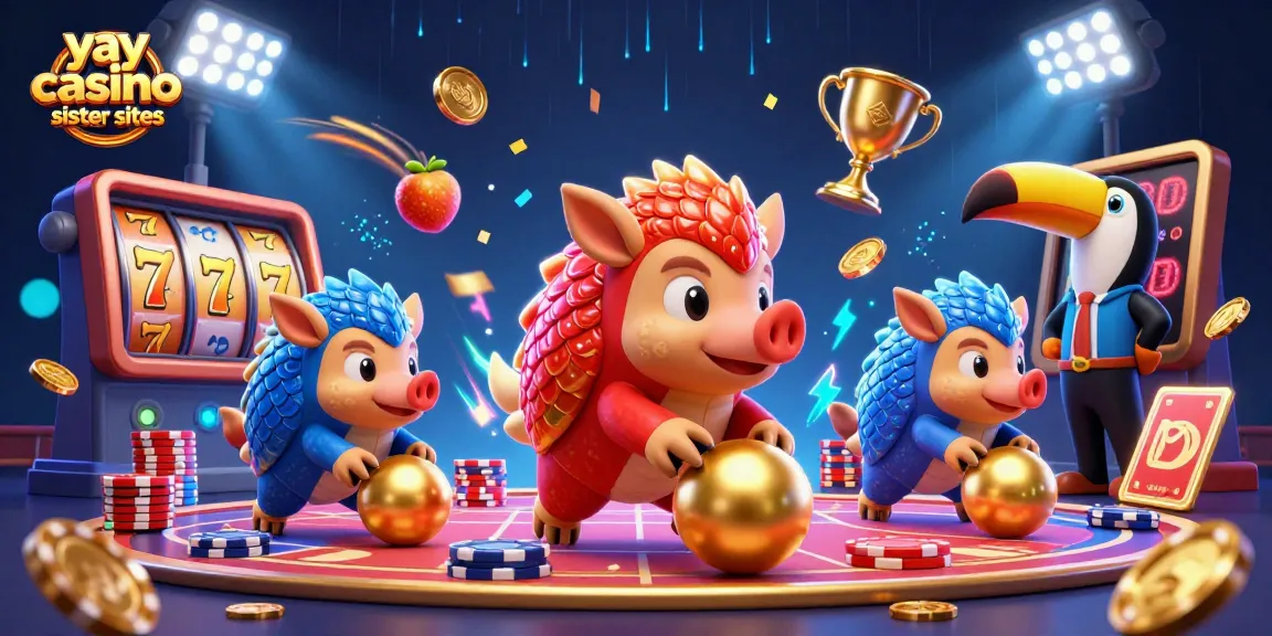 Engaging scene of yay casino sister sites with animated pangolins rolling jackpots and casino symbols.