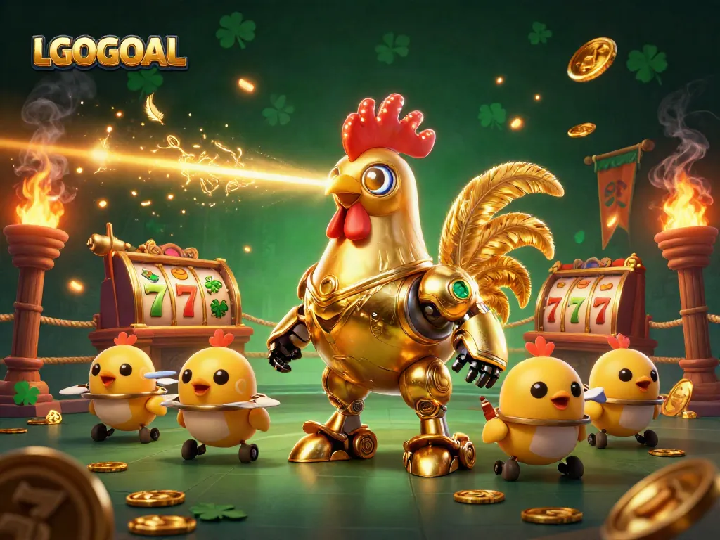 Engage with LGOGOAL's thrilling slot experience featuring a golden rooster robot and baby chick drones.