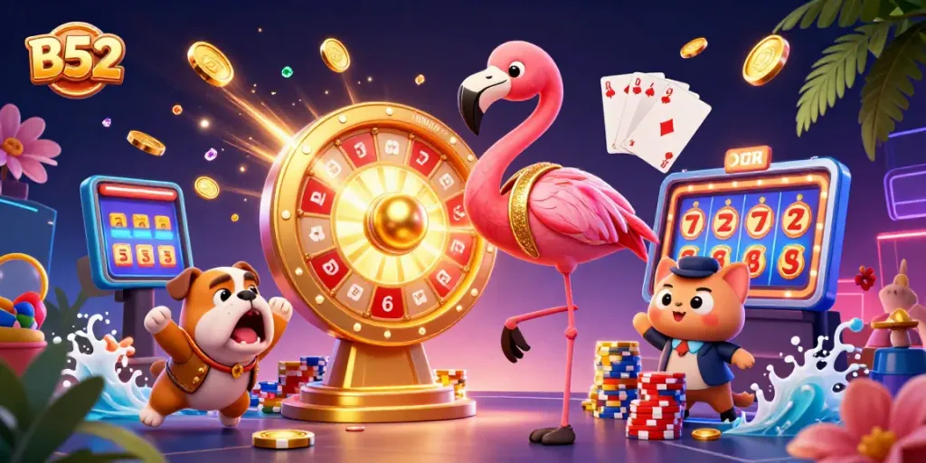 B52 jackpot excitement with a flamingo host, bulldog contestant, and scoreboard cat in a vibrant casino scene.