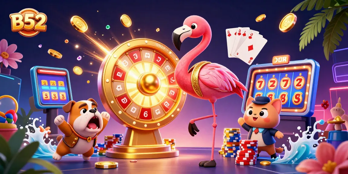 B52 jackpot excitement with a flamingo host, bulldog contestant, and scoreboard cat in a vibrant casino scene.