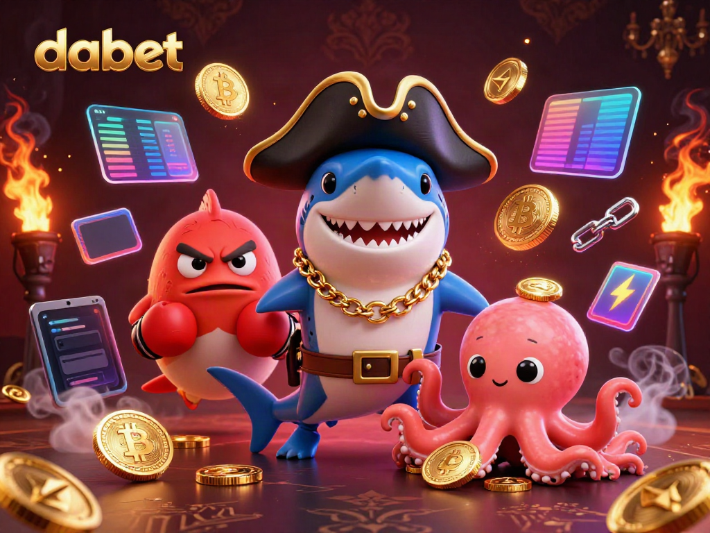Engage with dabet's vibrant casino scene featuring cartoon characters and crypto elements.