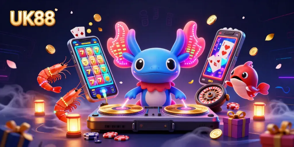 Win big at UK88 with a vibrant scene of a neon axolotl DJ and exciting casino elements.