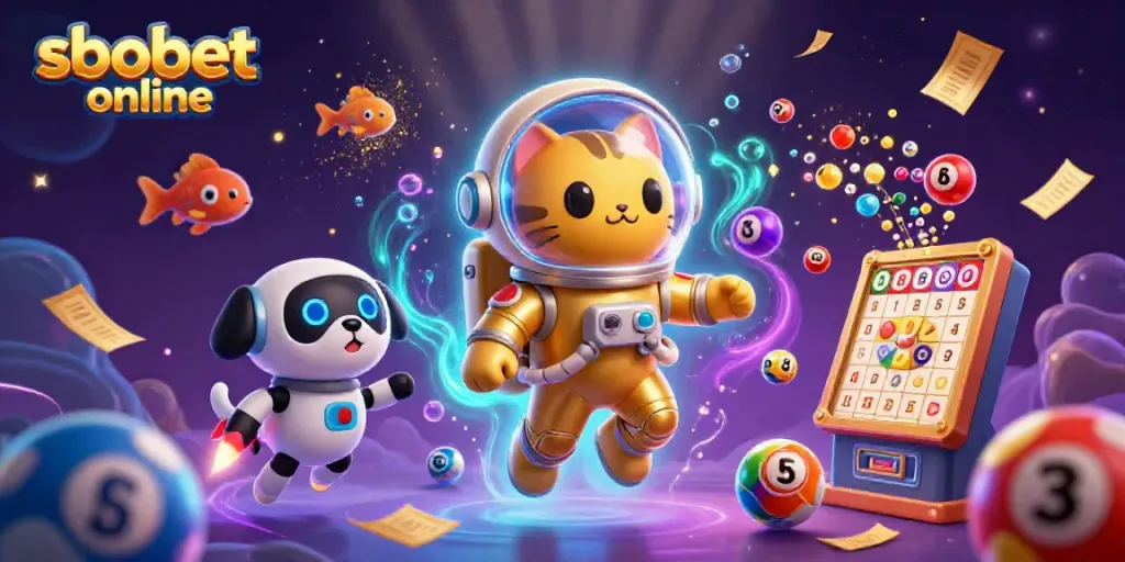 Experience sbobet online with a vibrant astronaut cat and robot dog in a cosmic casino adventure.