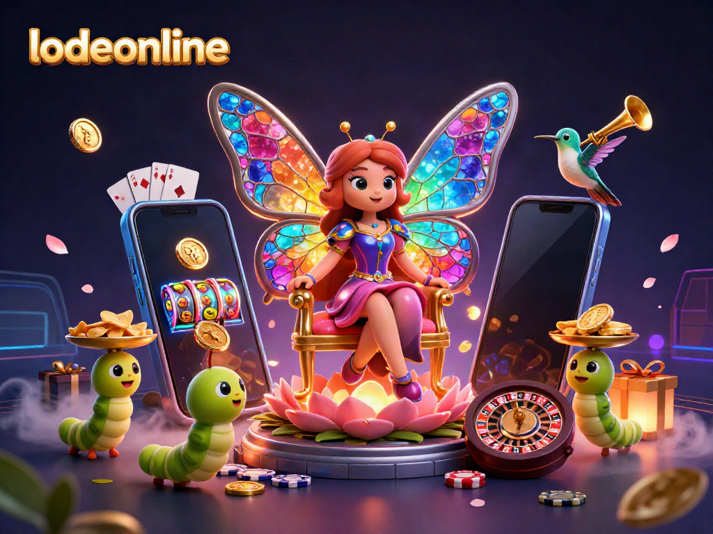 Engage with lodeonline’s vibrant 3D illustration showcasing a butterfly queen amidst casino excitement, including slot games and poker elements.
