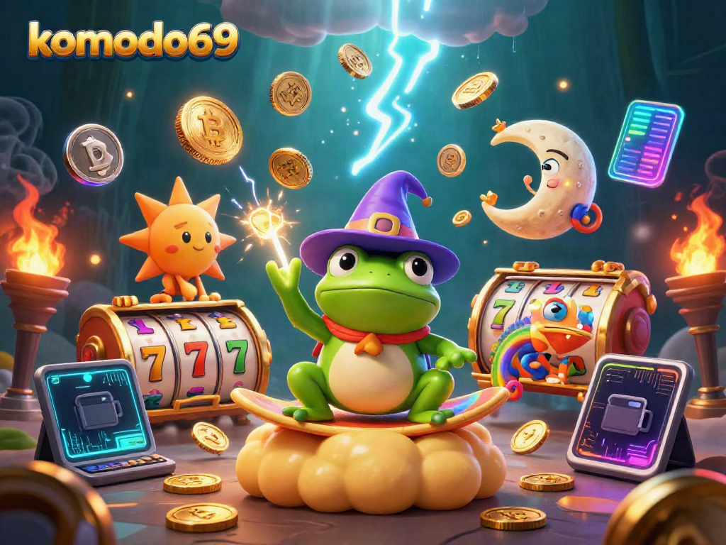 Komodo69 menghadirkan ilustrasi kasino dengan penyihir katak dan chameleon menari di atas awan emas.