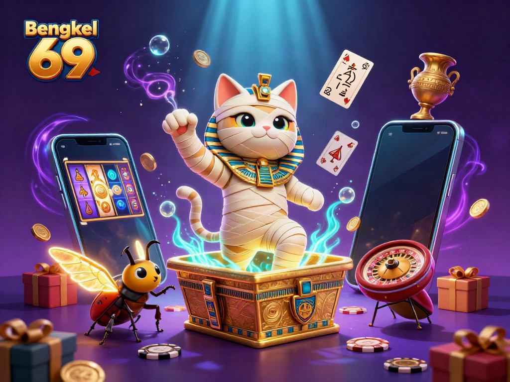 Bengkel 69 showcases an exciting 3D casino scene with a mummy cat and vibrant slot graphics.