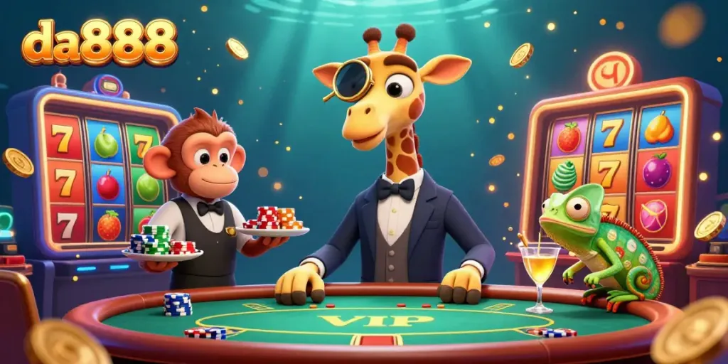 Experience the excitement of da888 with a high-roller giraffe, monkey valet, and chameleon bartender amidst slot reels and jackpot symbols.