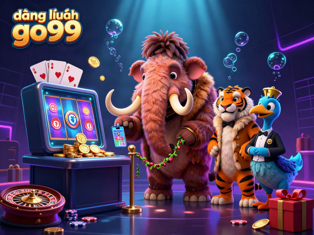 Experience the excitement of đăng nhập go99 with a casino scene featuring dynamic cartoon characters and vibrant game elements.