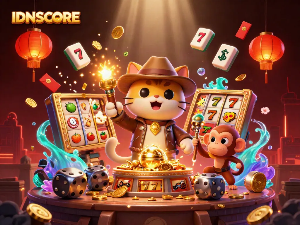 IDNSCORE features an adventurous character exploring a golden casino treasure in a vibrant temple