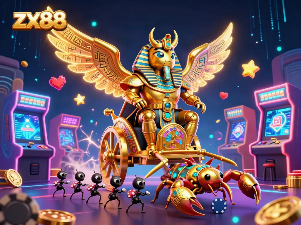 Engage with zx88's captivating casino scene featuring a golden scarab beetle and dynamic characters.