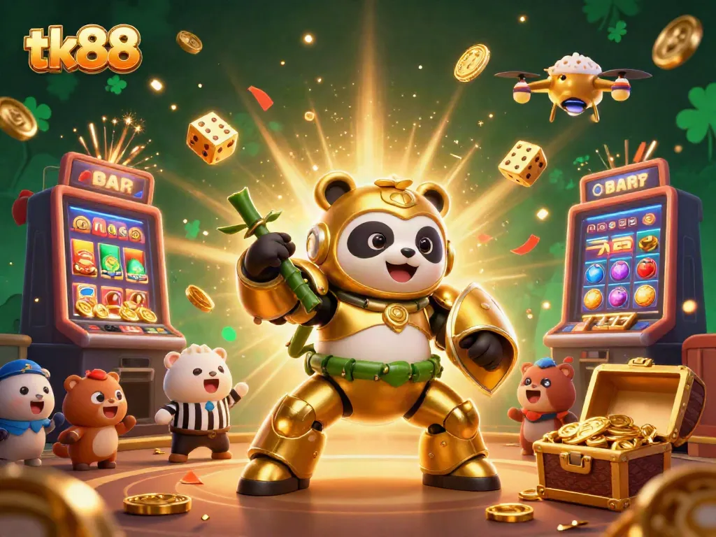 Experience thrilling games at tk88 with a dynamic scene of a golden panda robot in a casino atmosphere.