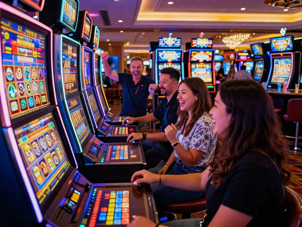 Engaged players enjoying vibrant slot gacor machines in a lively casino atmosphere.