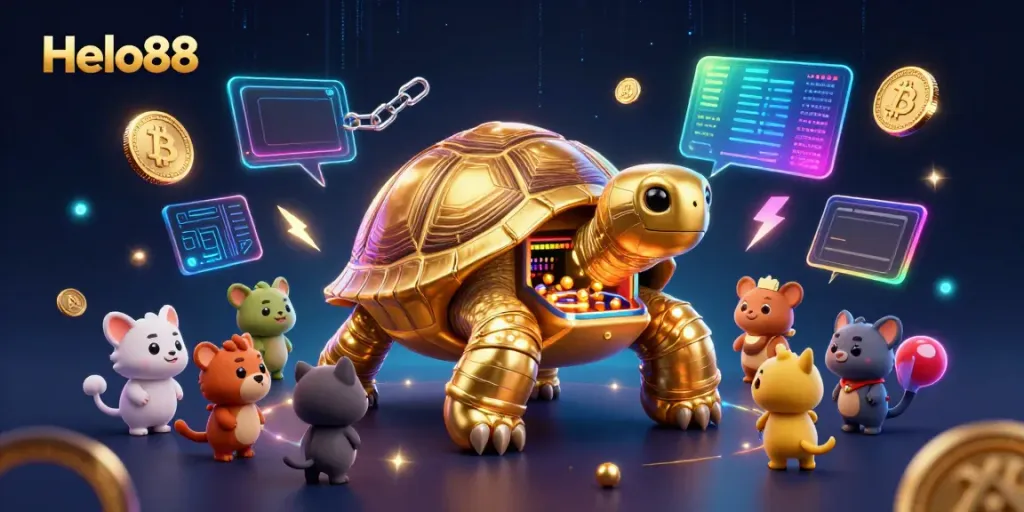 Engage with Helo88's vibrant gaming universe featuring a tortoise pinball casino and crypto elements.
