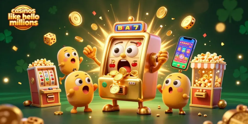 Cheerful golden slot machines celebrate a jackpot, showcasing dynamic casinos like hello millions