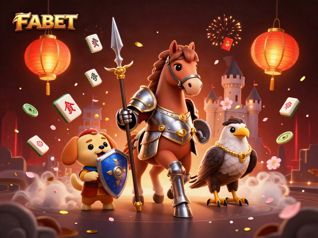 Engage with FABET, featuring a knight and puppy in a vibrant casino-themed 3D illustration.