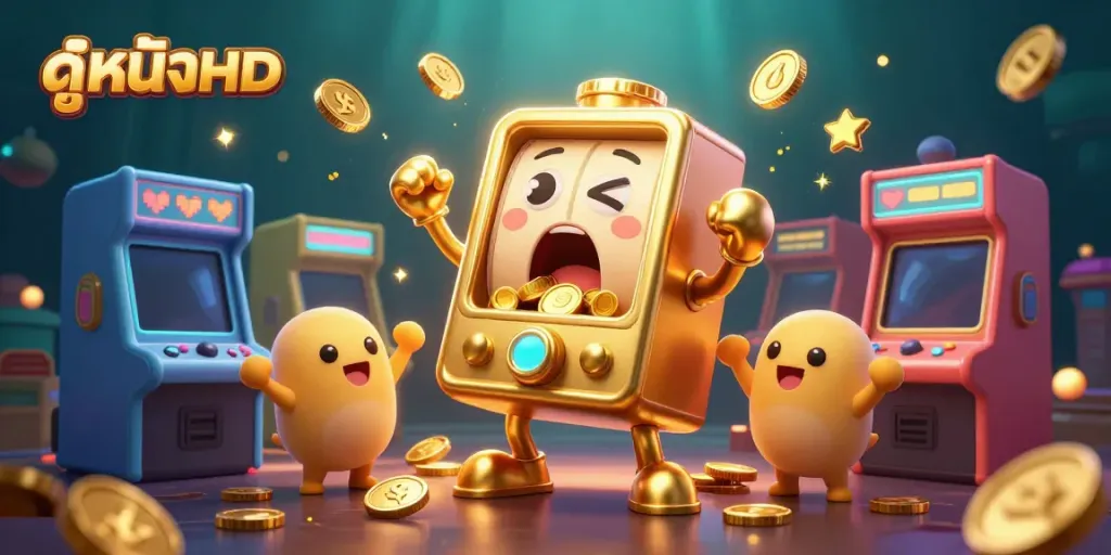 Experience the thrill of ดูหนังHD with a golden slot machine hitting a jackpot and coins pouring out in this vibrant casino scene.