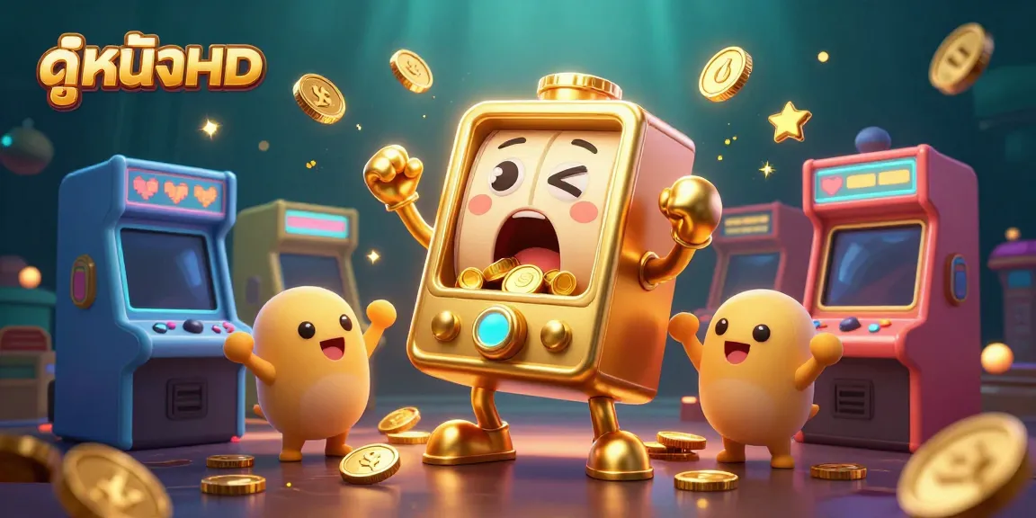 Experience the thrill of ดูหนังHD with a golden slot machine hitting a jackpot and coins pouring out in this vibrant casino scene.