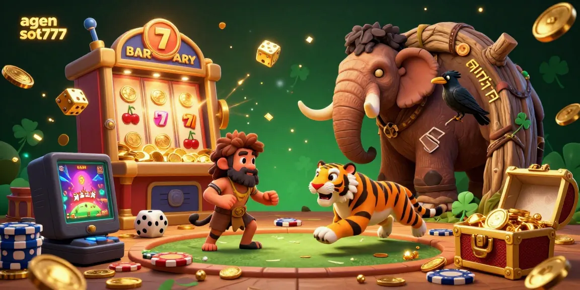 Experience the excitement of agen slot777 with a vibrant prehistoric casino illustration featuring dynamic gameplay elements.