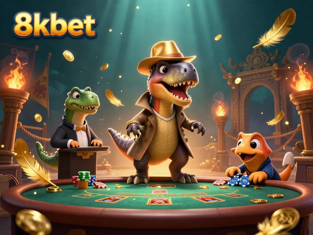 8xbet, featuring a velociraptor card counter and a stegosaurus pit boss in a vibrant casino scene.