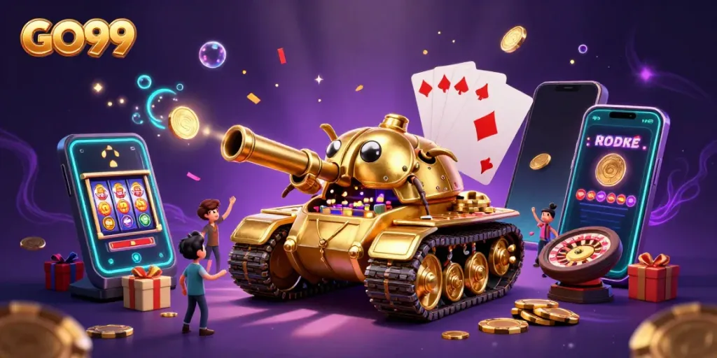 Experience the thrilling world of GO99 with dynamic casino action in a vibrant 3D illustration.