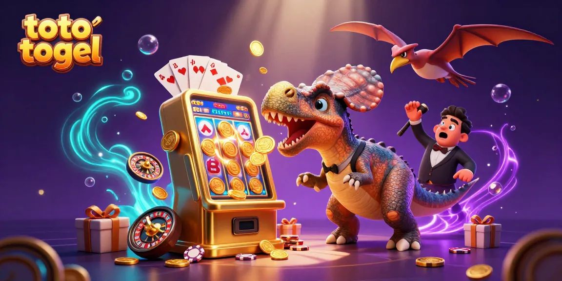 Menangkan jackpot dengan toto togel, dinosaurus 3D di kasino dengan mesin slot dan koin emas yang terbang.