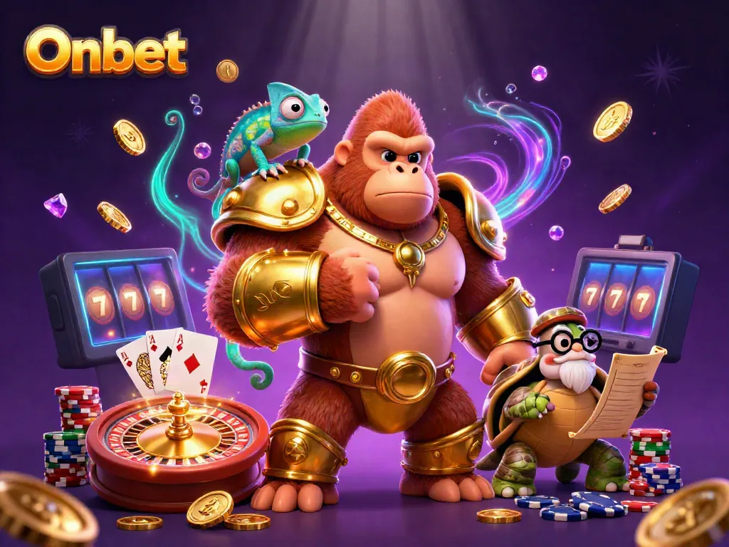 Engage with Onbet’s vibrant casino experience featuring a gorilla king amidst gold coins and game symbols.
