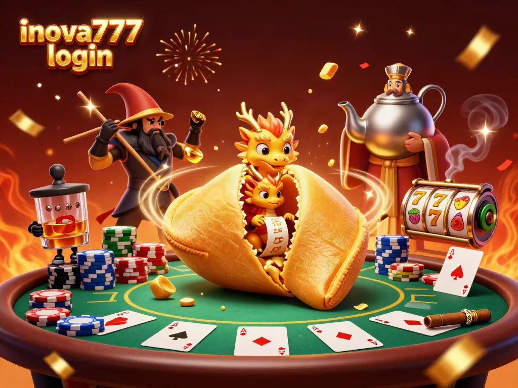 Experience the excitement of inova777 login with this vibrant 3D scene featuring golden fortune cookies and poker elements.