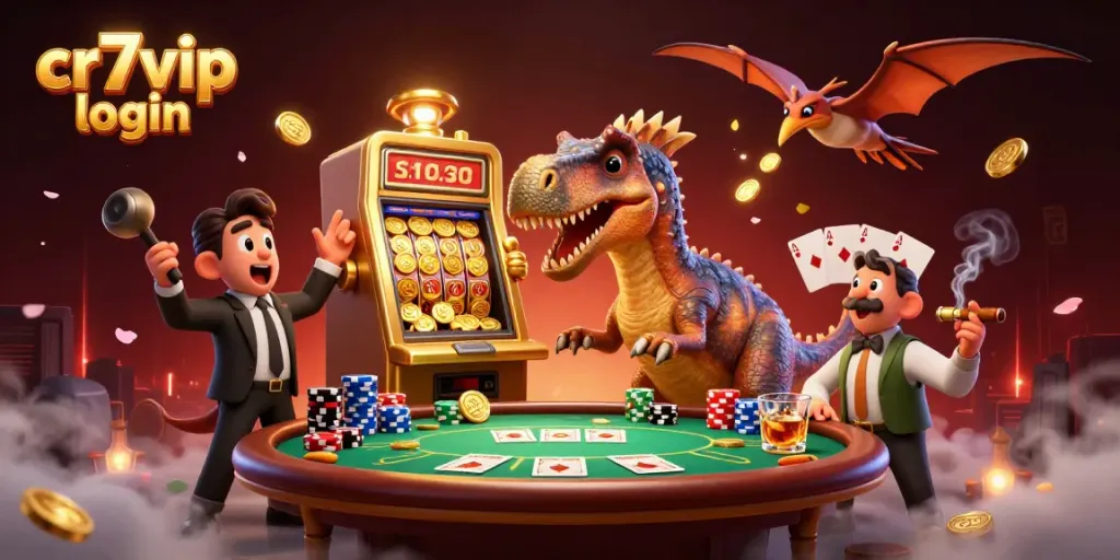 Gambarkan cr7vip login dengan dinosaurus kuat dan mesin slot yang mengeluarkan koin emas di kasino