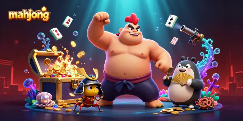 Permainan mahjong terlihat menarik dengan karakter unik dan elemen kasino, penuh warna dan detail yang menarik.