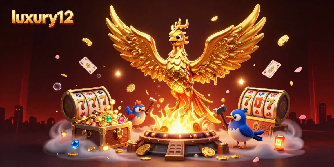 Experience the luxurious thrill of gambling with luxury12, featuring a golden phoenix and slot elements.