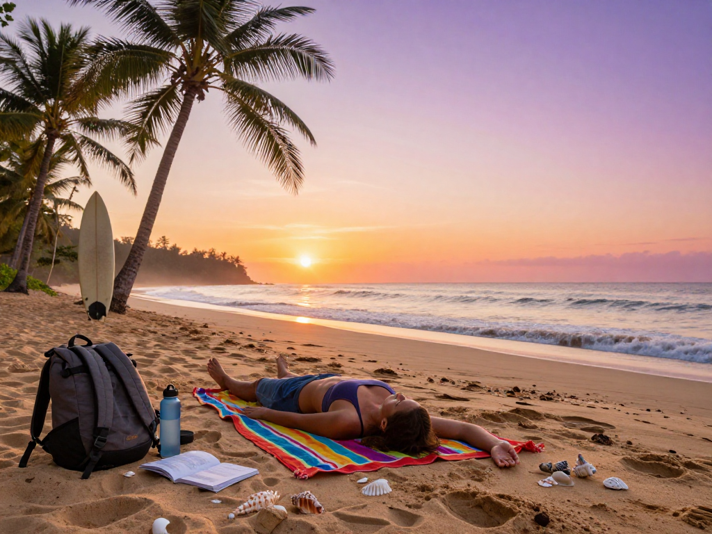 Praktik yoga di pantai tropis saat matahari terbit, yang menunjukkan cara hidup sehat dengan bos88.